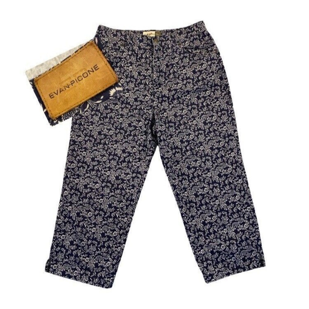 Evan‎ Picone Capri Pants Women 12 Navy Blue Excellent Floral Twill Cotton